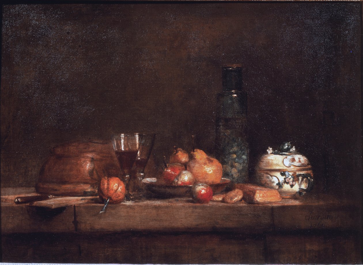 Krukken med oliven - Olje på lerret av Jean Baptiste Simeon Chardin