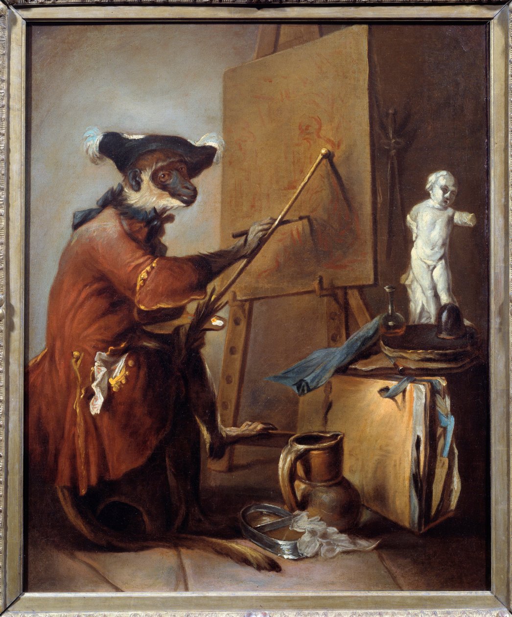 Malerapen. Representasjon av en ape i menneskets holdning. Maleri av Jean Baptiste Simeon Chardin (1699-1779) av Jean Baptiste Simeon Chardin