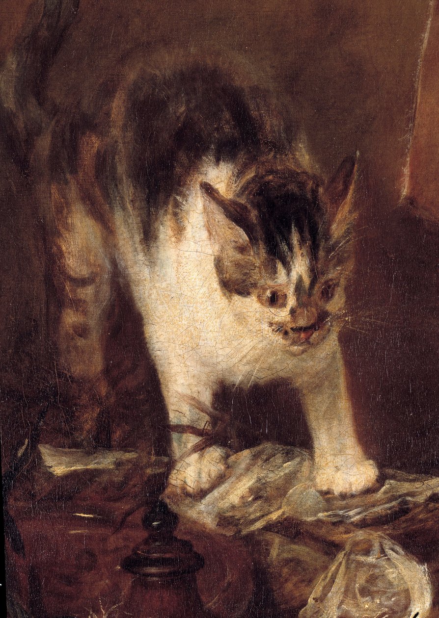 Stilleben-skøyten av fisk, østers, mugge. Kattedetalj. Maleri av Jean Baptiste Simeon Chardin (1699-1779) 1727 Søn. 1,14 x 1,46 m Paris. Museet Louvre av Jean Baptiste Simeon Chardin