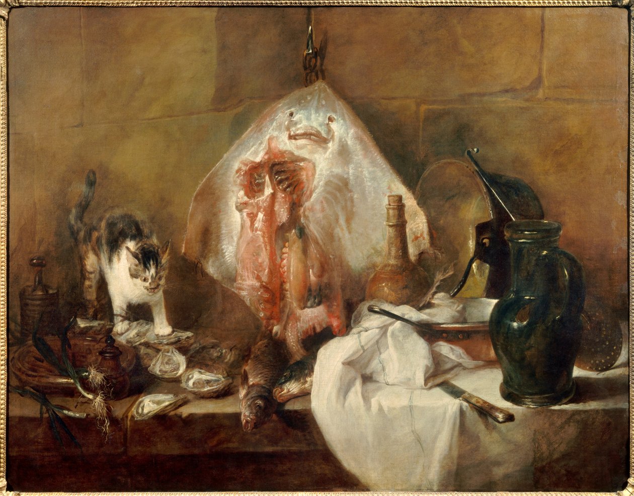Stilleben-skøyten av fisk, østers, mugge. Maleri av Jean Baptiste Simeon Chardin (1699-1779) 1727 Søn. 1,14 x 1,46 m Paris. Museet Louvre av Jean Baptiste Simeon Chardin