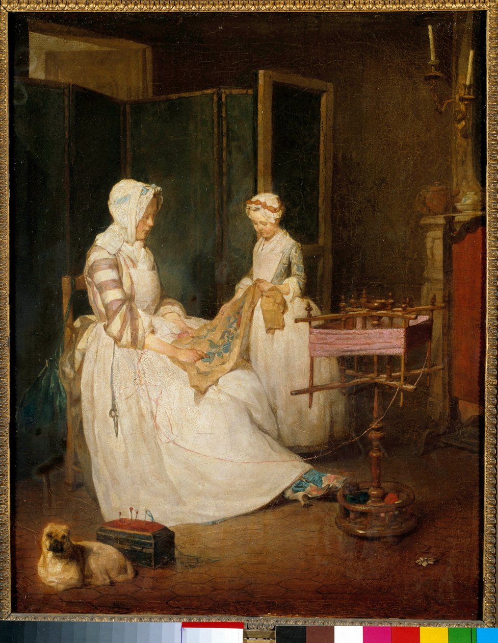 Arbeidsmoren En mor hjulpet av at datteren broderte og brukte en chedder. Maleri av Jean Baptiste Simeon Chardin (1699-1779) 1700-tallets søn. 0,4x0,39 m av Jean Baptiste Simeon Chardin