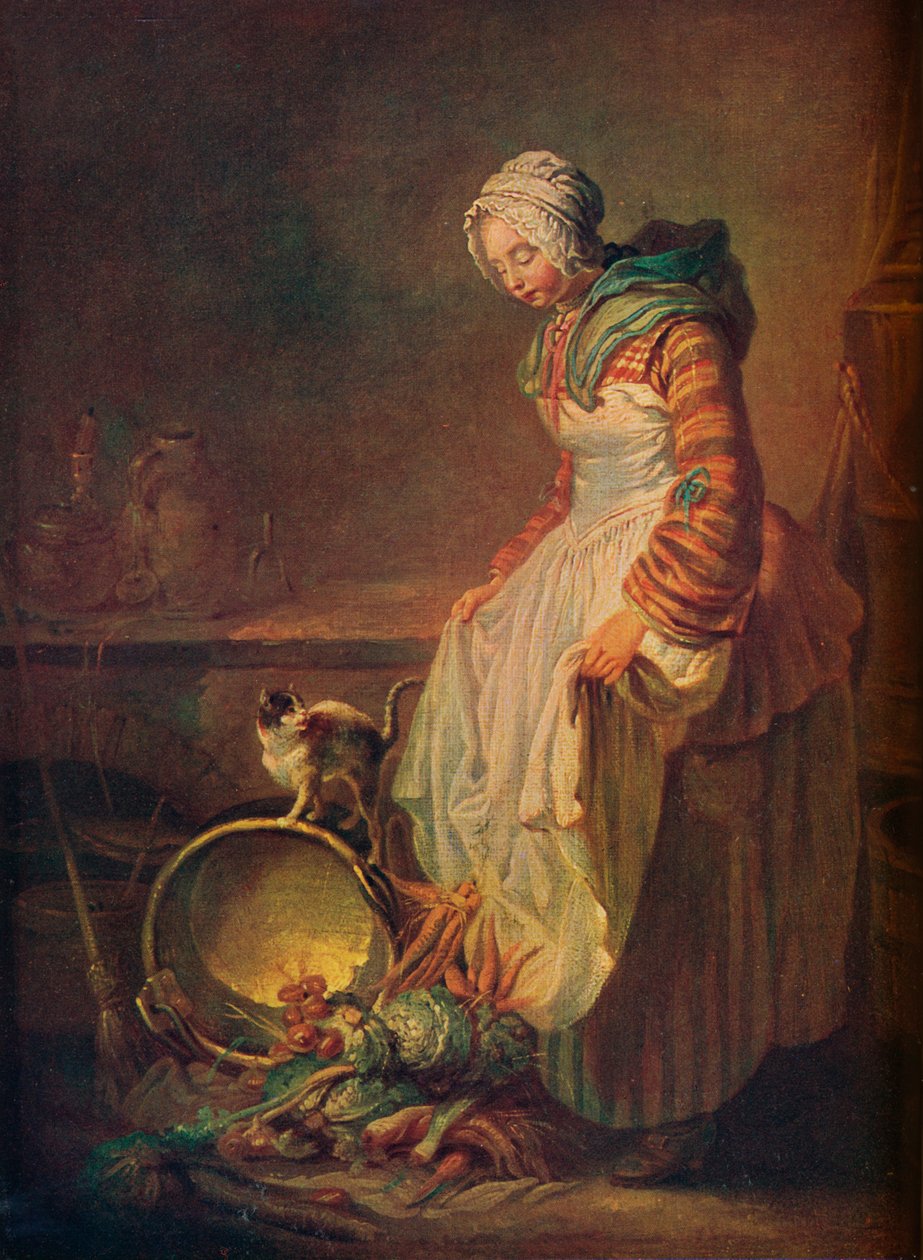 Kvinne med kattunge, 1700-tallet av Jean Baptiste Simeon Chardin