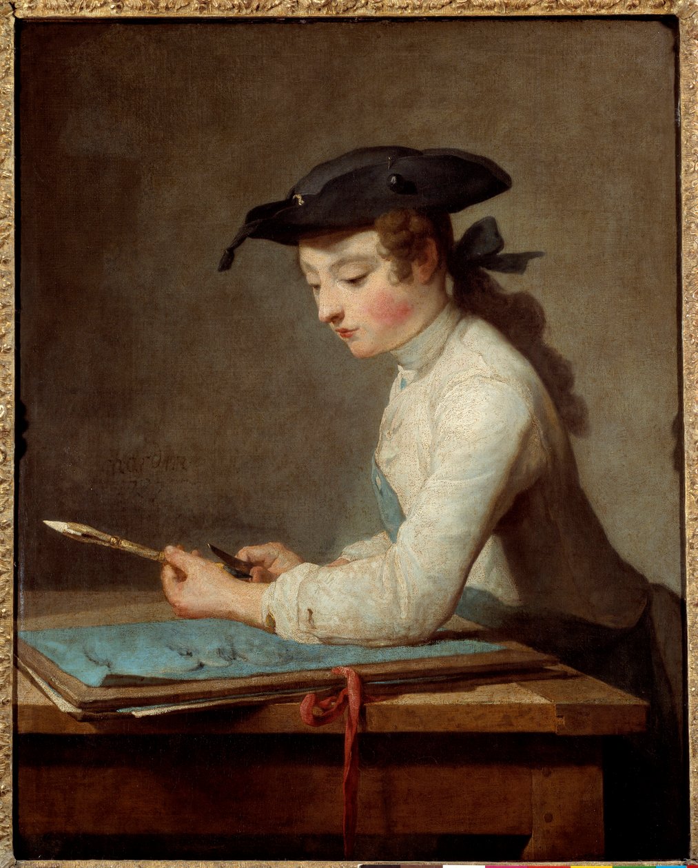 Ung tegneserieskaper skjærer ut blyanten sin. Maleri av Jean Baptiste Simeon Chardin (1699-1779) av Jean Baptiste Simeon Chardin