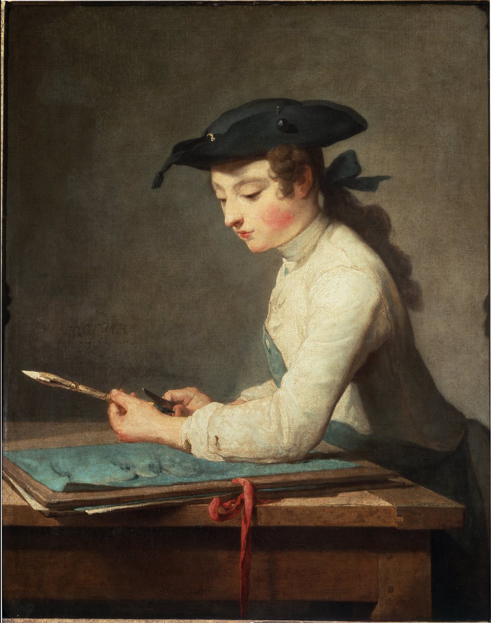 Ung tegneserieskaper skjærer ut blyanten sin. Maleri av Jean Baptiste Simeon Chardin av Jean Baptiste Simeon Chardin