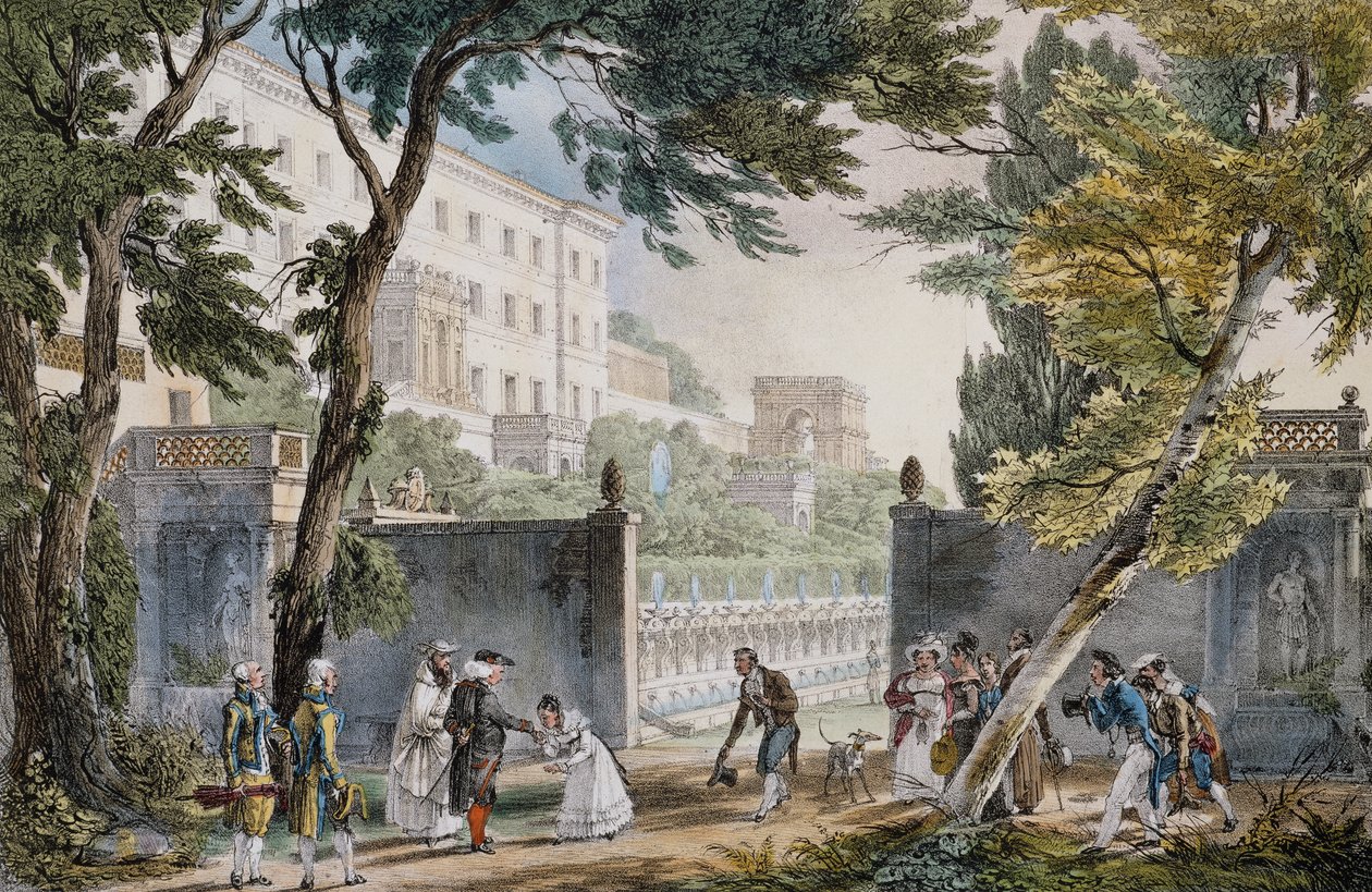 En villa: møtescene for adelen - gravering av døperen Johannes (Jean-Baptiste) Thomas (1791-1833), ca. 1820 av Jean Baptiste Thomas