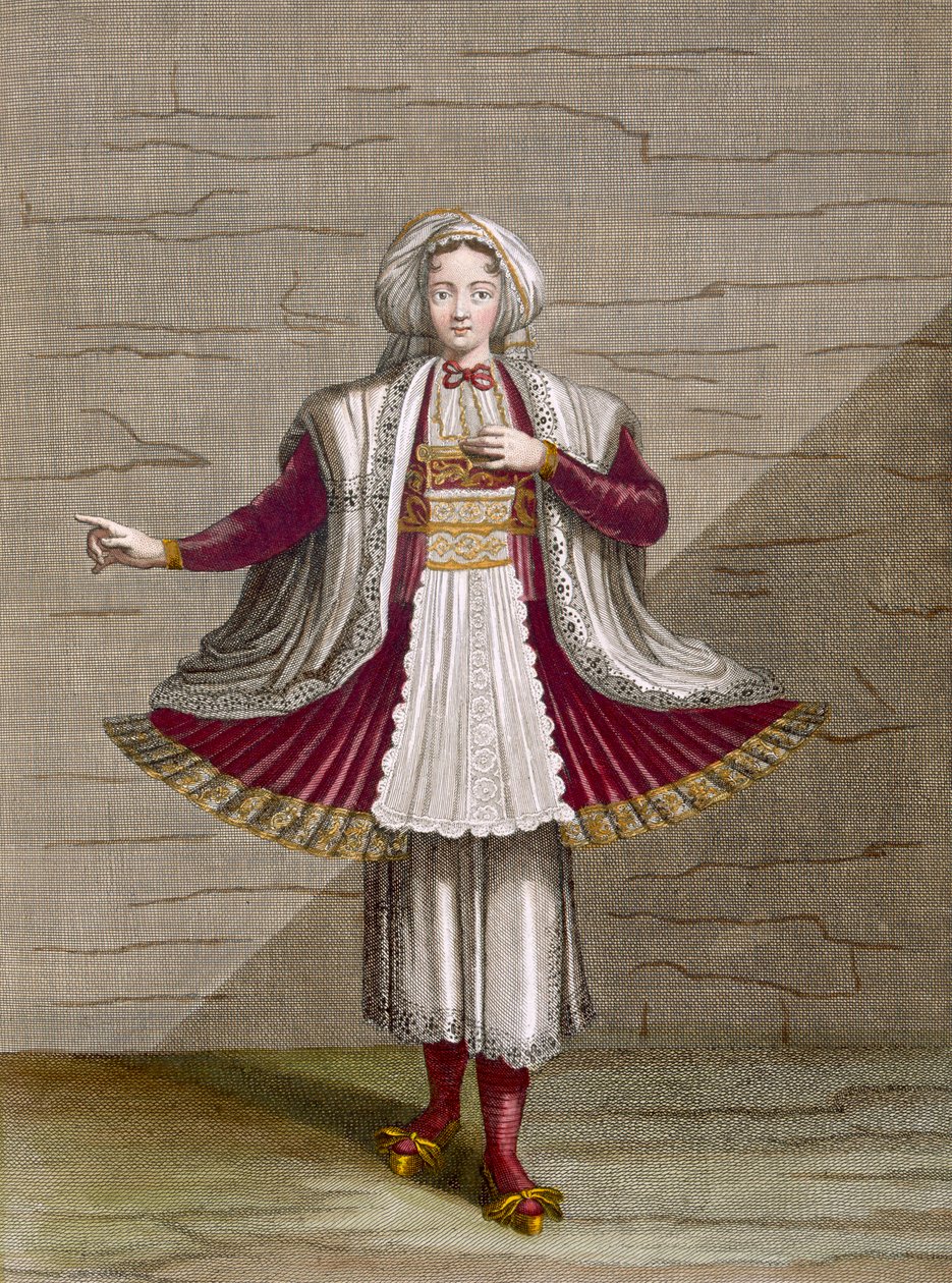 A Girl of Naxos, plate 71 fra 'Collection of One Hundred Prints Representing the Different Nations of the Levant' av Charles de Ferriol, gravert av Gerard Scotin (1671-1716), 1707-08 (farget engra av Jean Baptiste Vanmour