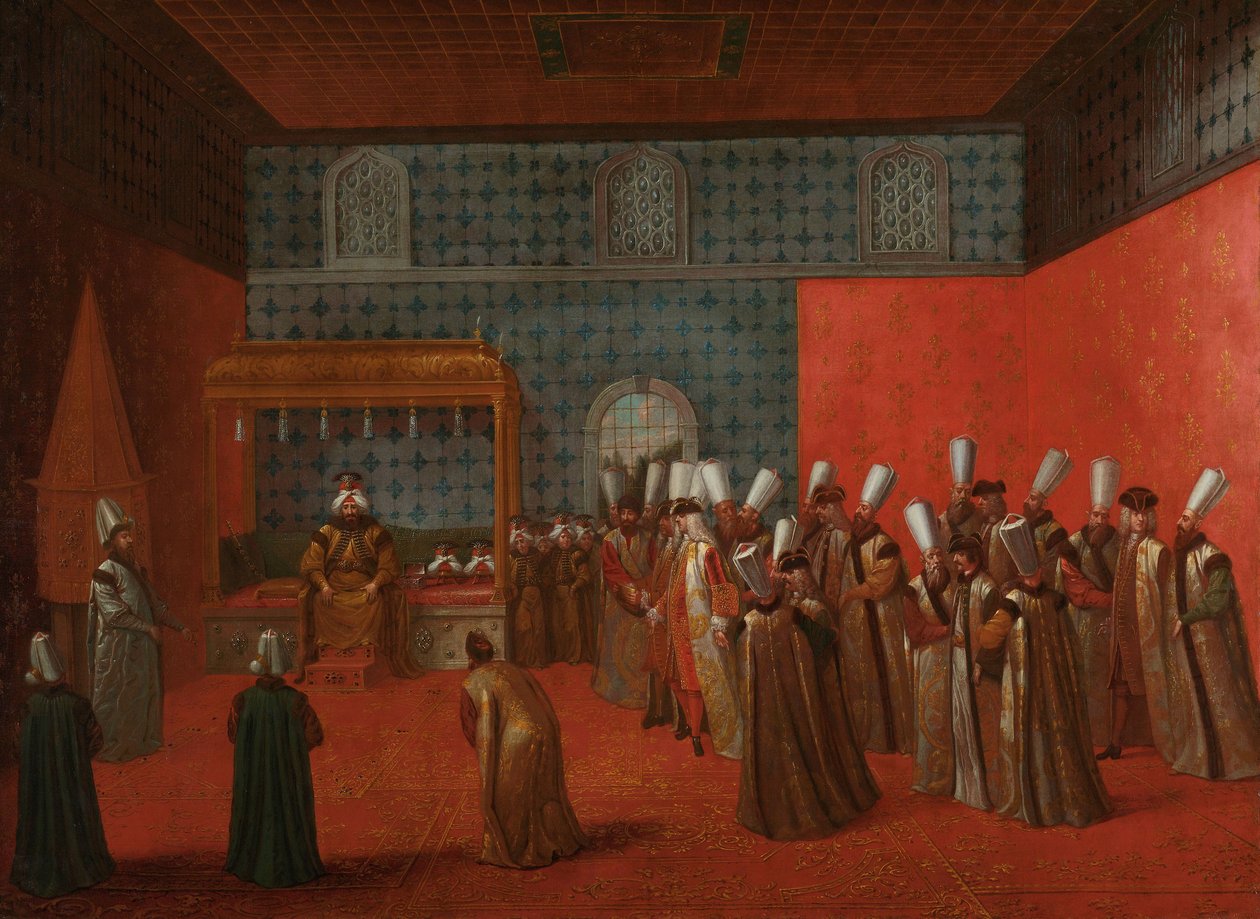 Ambassadør Cornelis Calkoen ved sitt publikum med sultan Ahmed III, ca. 1727-30 av Jean Baptiste Vanmour
