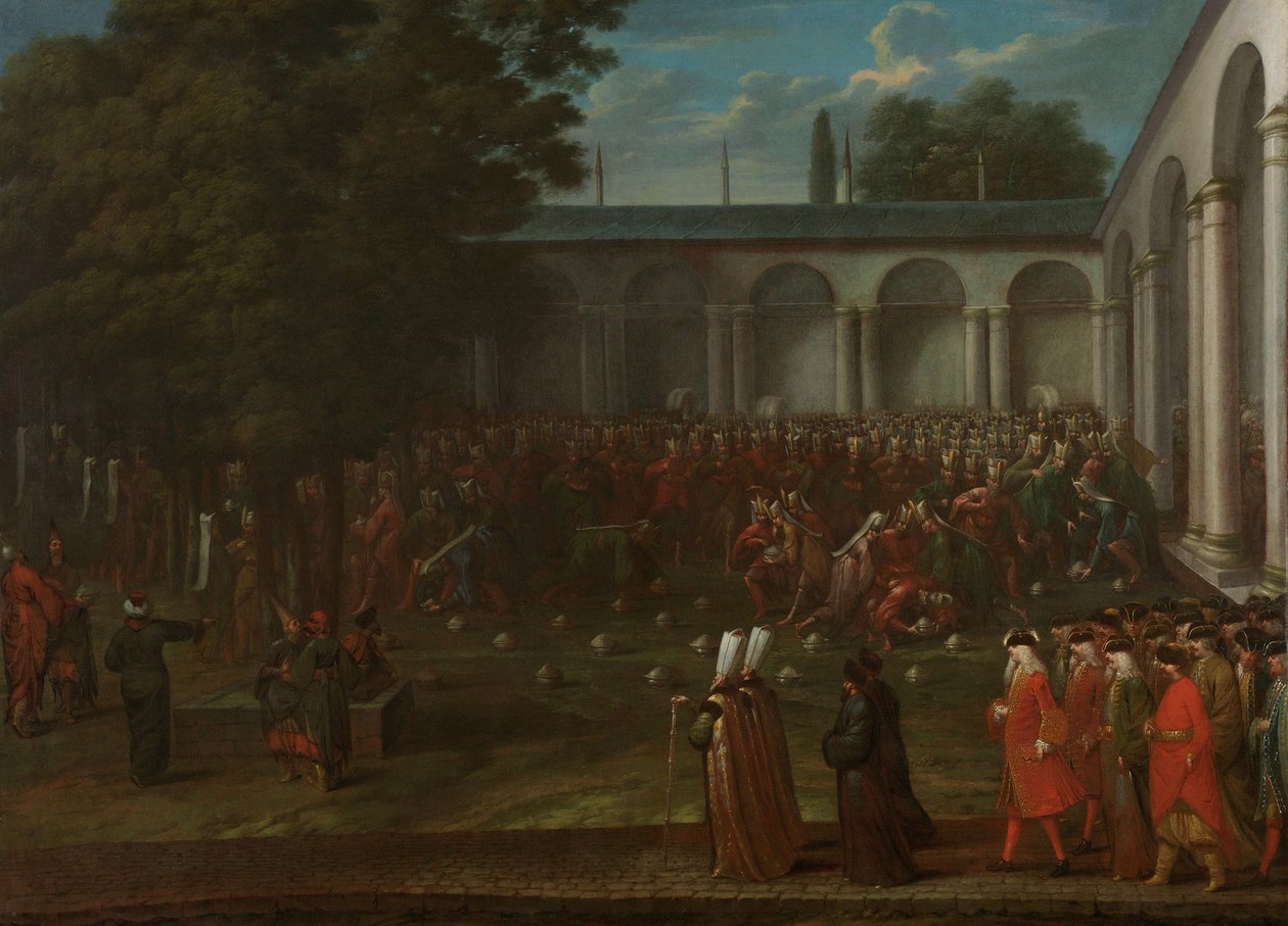 Cornelis Calkoen på vei til sitt publikum med sultan Ahmed III, ca. 1727-30 av Jean Baptiste Vanmour