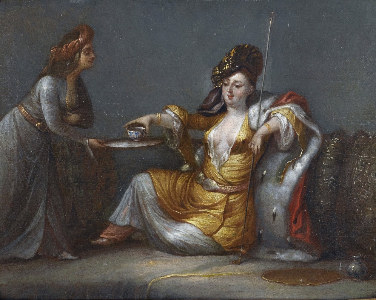 ""Sultana tar kaffen"" (Sultana tar kaffe) Maleri fra skolen til Jean Baptiste (Jean-Baptiste) Vanmour (Van Mour) (1671-1737) Privat samling av Jean Baptiste Vanmour