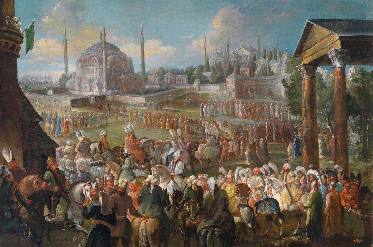 Sultanens prosesjon i Istanbul - Maleri av Jean Baptiste van Mour (Jean-Baptiste Vanmour) (1671-1737), ca. 1736 - Sultanens prosesjon i Istanbul - Olje på lerret av Jean Baptiste van Mour (Vanmour) (1671-1737), c1736 - 62x93 cm - Privat samling av Jean Baptiste Vanmour