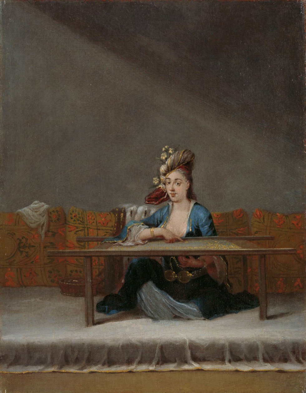 Tyrkisk kvinne ved broderirammen hennes, ca. 1720-37 av Jean Baptiste Vanmour
