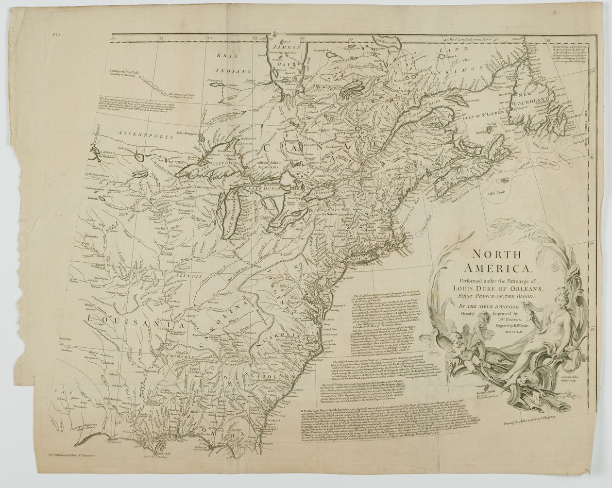 Nord-Amerika, gravert av Richard William Seale, 1752 av Jean Baptiste after dAnville