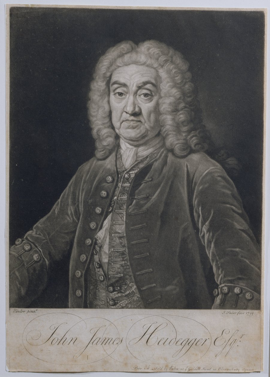 Portrett av John James Heidegger (1666-1749), sveitsisk impresario i London, gravert av John Faber (1684-1756), 1749 av Jean Baptiste van Loo
