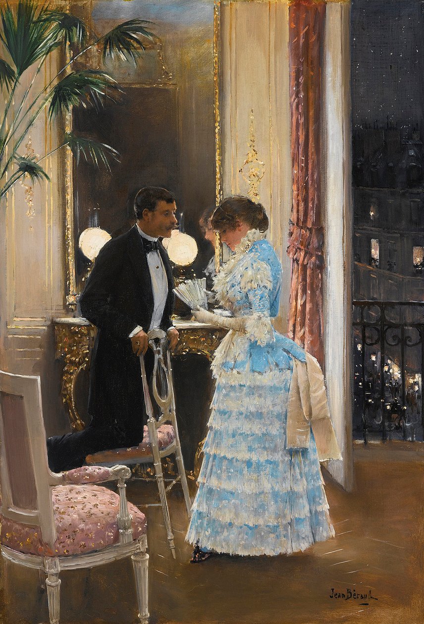 En samtale av Beraud, Jean (1849-1936). Olje på lerret, størrelse: 55,9x39,3, , Privat samling av Jean Beraud