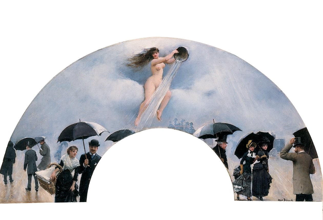 En allegori om regn, malt som vifte av Jean Beraud