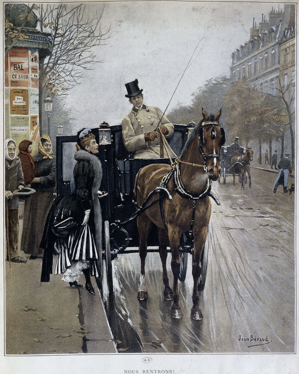 Elegant kvinne i en vogn i Paris: "We returnees" - illustrasjon av Jean BERAUD (1849 - 1935), sent på 1800-tallet. av Jean Beraud