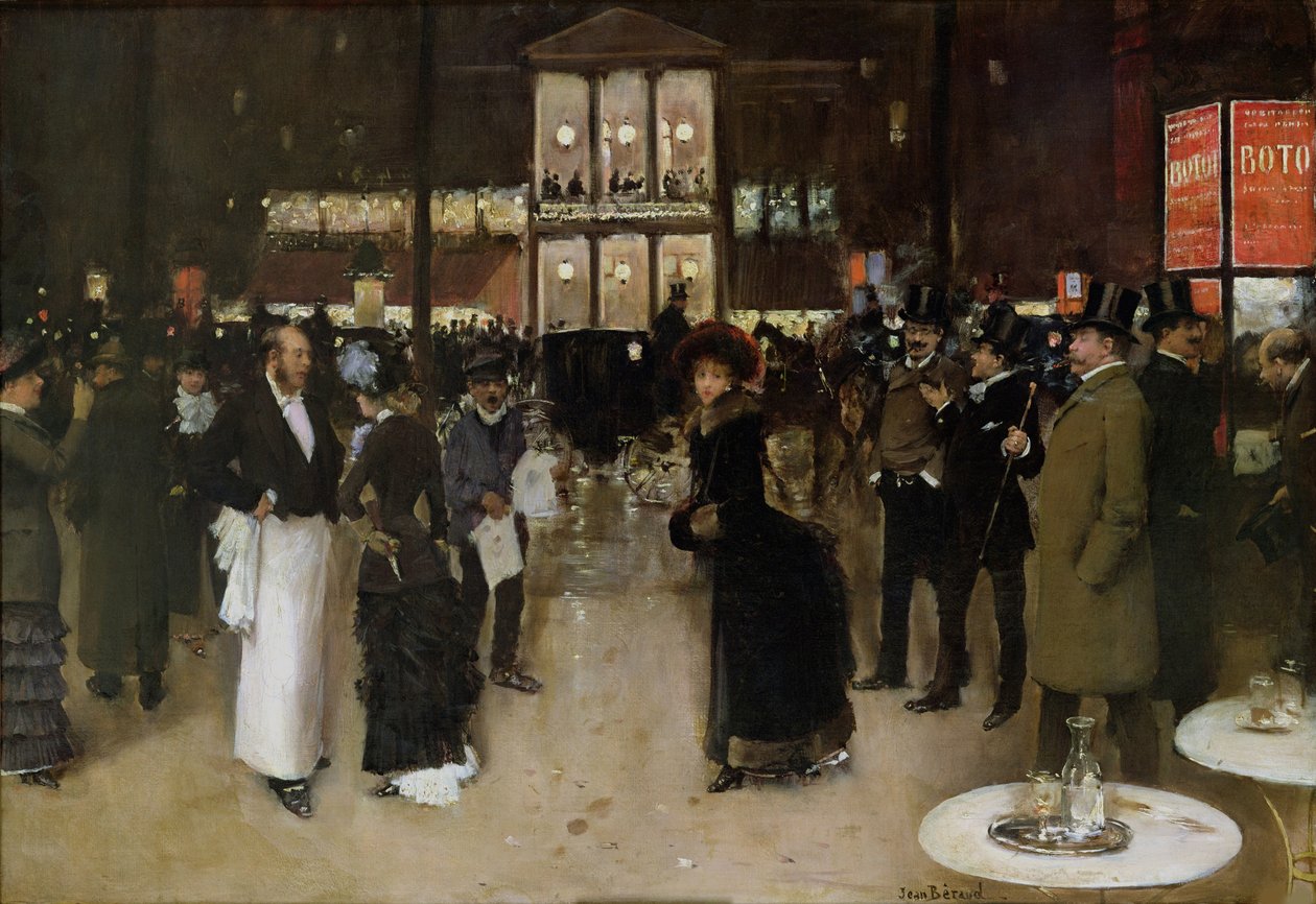 Boulevard Montmartre om natten, foran Théâtre des Variétés, ca 1885. av Jean Beraud