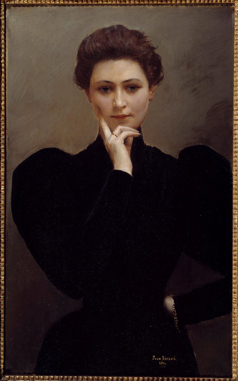 Meditasjon En ettertenksom ung kvinne kledd i mote Belle Epoque. Maleri av Jean Beraud av Jean Beraud
