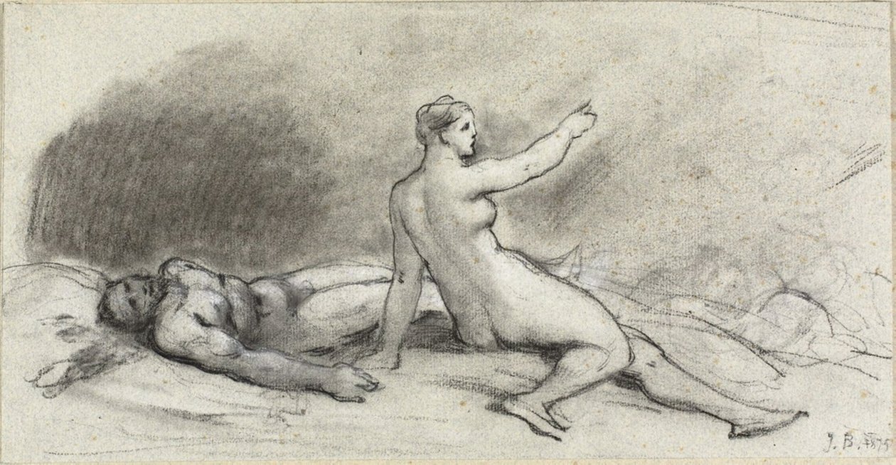 Naken kvinne sitter med naken mann sover (recto); Kvinnelig overkropp sett bakfra (verso) av Jean Beraud