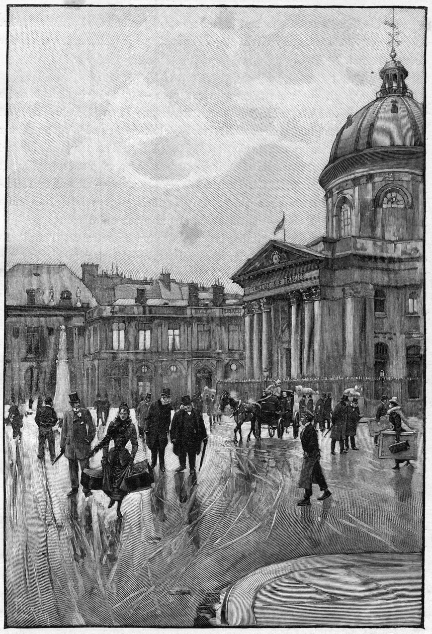 Parisian scene in the 19th century: the left bank with the Institut de France. Engraving by Florian from Beraud