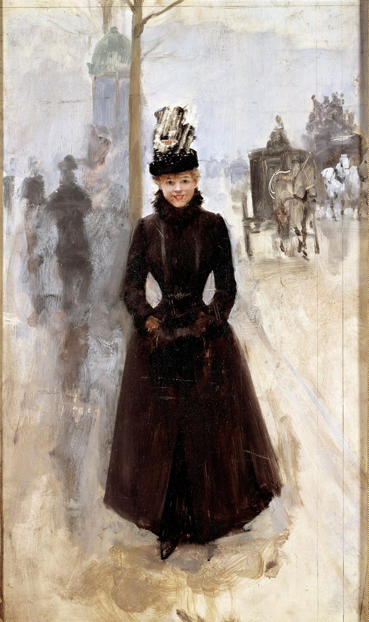 Parisisk kvinne på boulevarden eller kvinne med muffe Maleri av Jean Beraud (1849-1935) Tours fra 1800-tallet, Musee des Beaux Arts av Jean Beraud