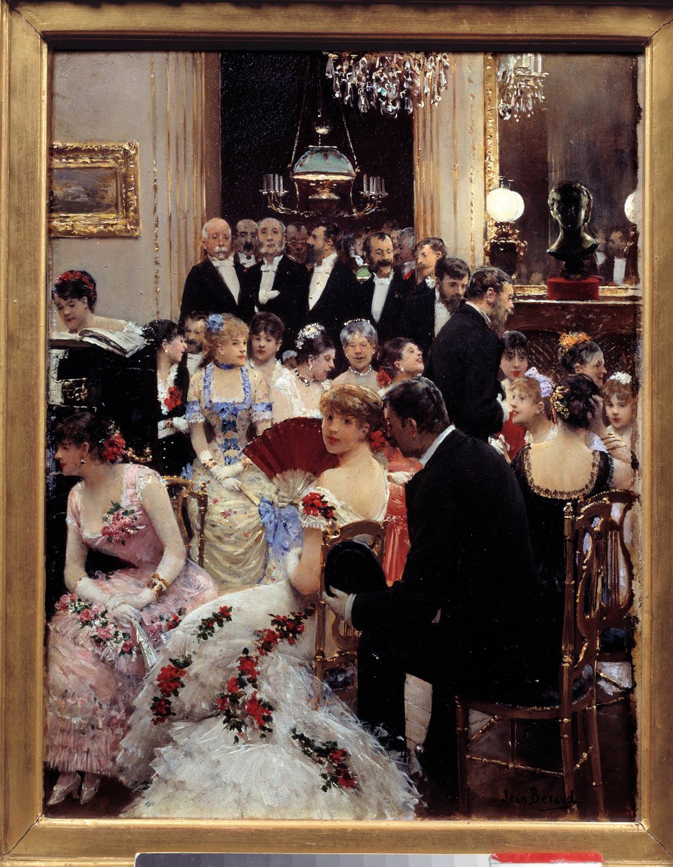 Kvelden. Maleri av Jean Beraud (1849-1936). Dim. 0,35x0,27m. Paris, Musee Carnavalet - The Soiree. Olje på tre, 0,35 x 0,27 m. Paris, Musee Carnavalet. av Jean Beraud