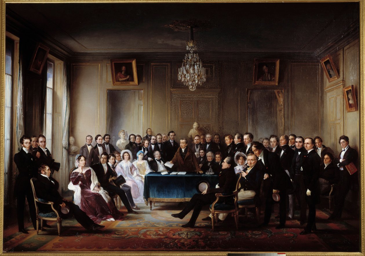 Poeten og dramatikeren Francois Guillaume Andrieux leser sin tragedie Junius Brutus "" i foajeen på Comedie Francaise den 26.05.1828" Blant gavene Alexandre Dumas, Pierre Nicolas Michelot, Jean Francois Becquerel, Firmin, Victor Hugo, Eugene av Jean Beraud