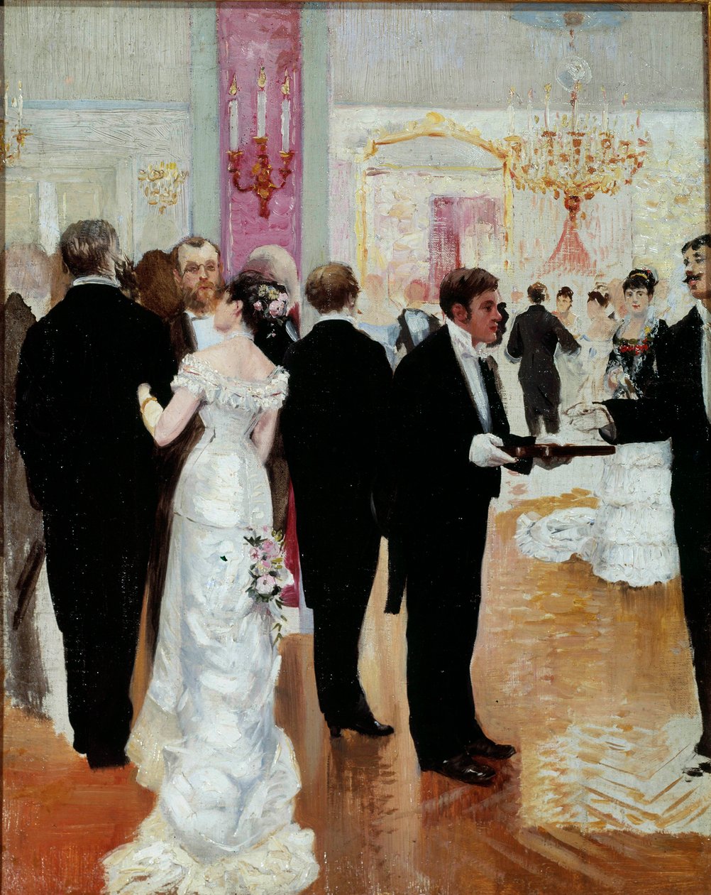 Mottakelsen En sosial kveld i det parisiske samfunnet Belle Epoque. Maleri av Jean Beraud (1849-1935) 1900-tallet. Privat samling av Jean Beraud
