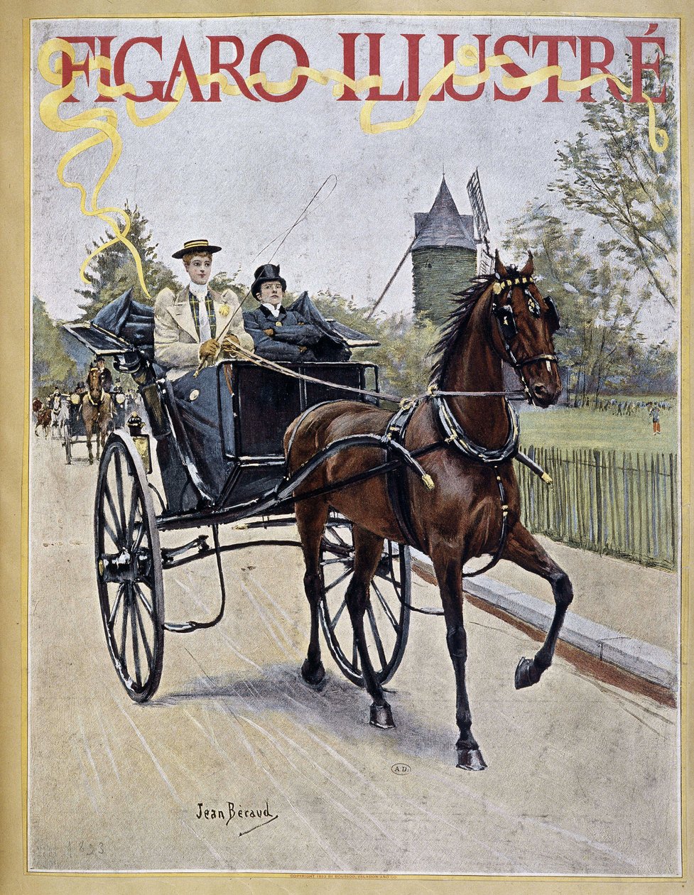 Kvinne kjører vogn med mann ved siden av - omslag i "" Figaro Illustré"" av Jean Beraud