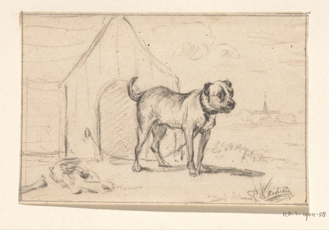 Hund i bånd, stående foran kennelen hans av Jean Bernard