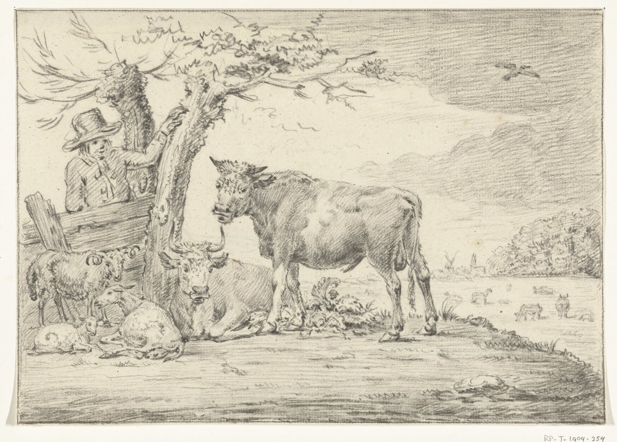 Bonde som står ved et gjerde med storfe av Jean Bernard