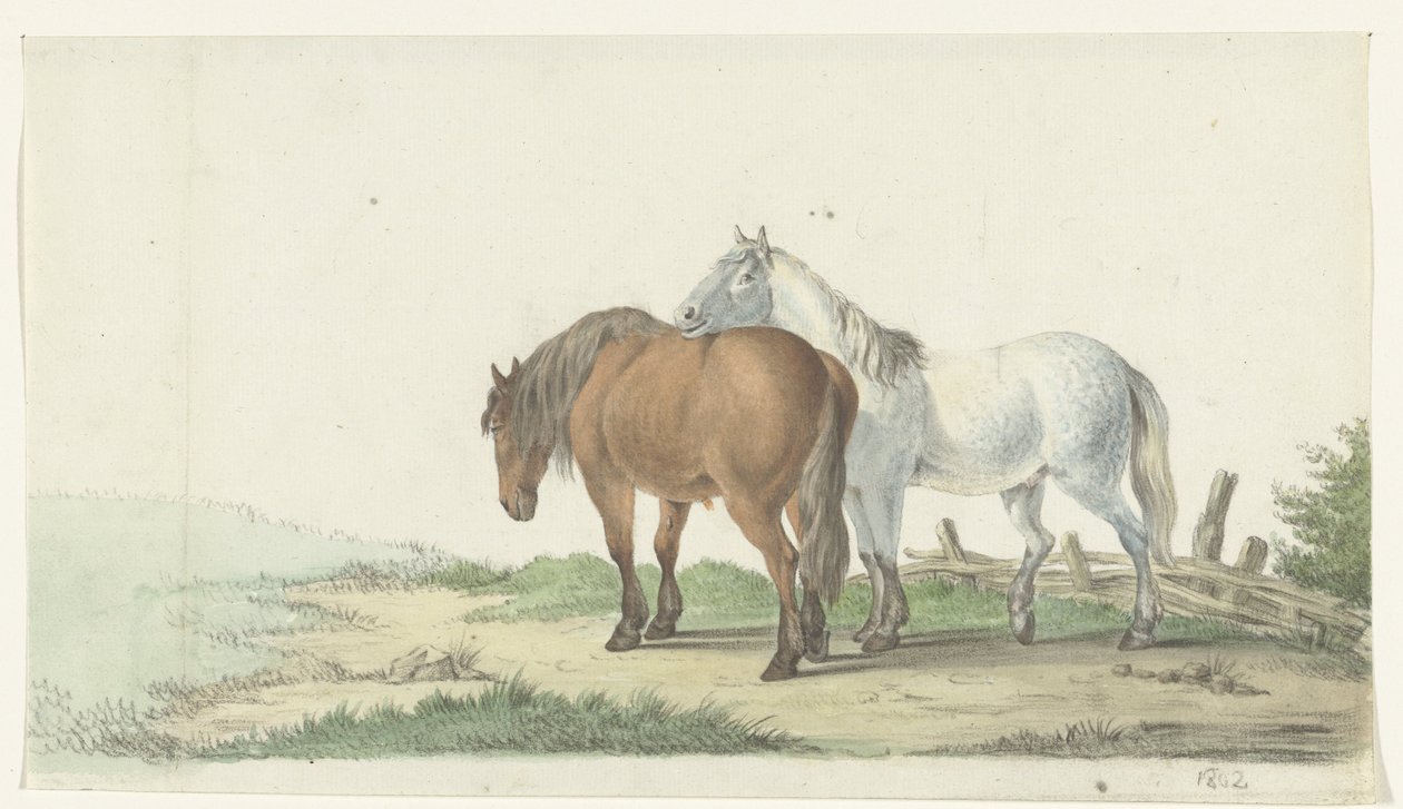 En brun og hvit hest på en vei ved siden av et gjerde av Jean Bernard