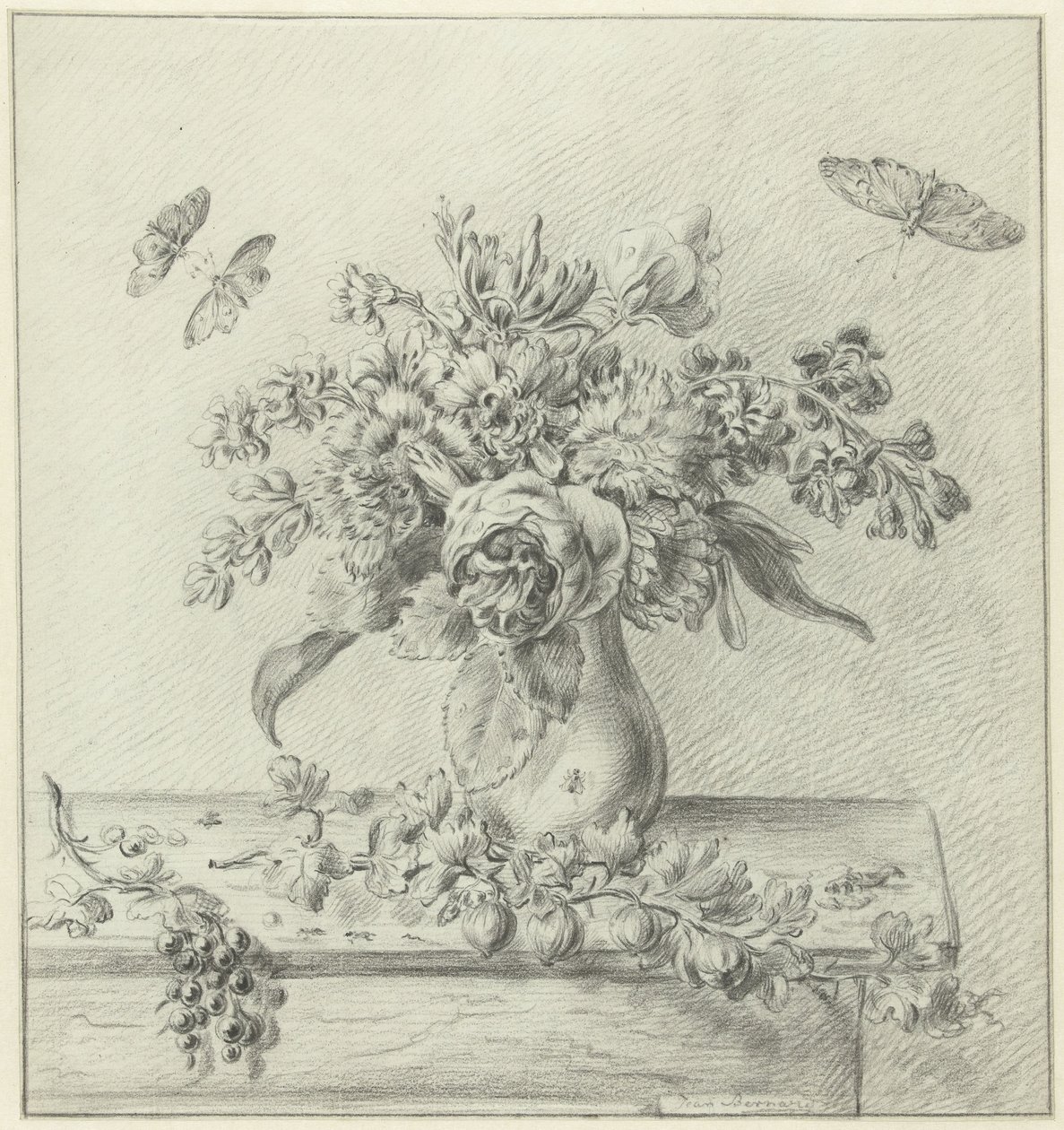 Stilleben med blomsteroppsats, frukt og insekter av Jean Bernard