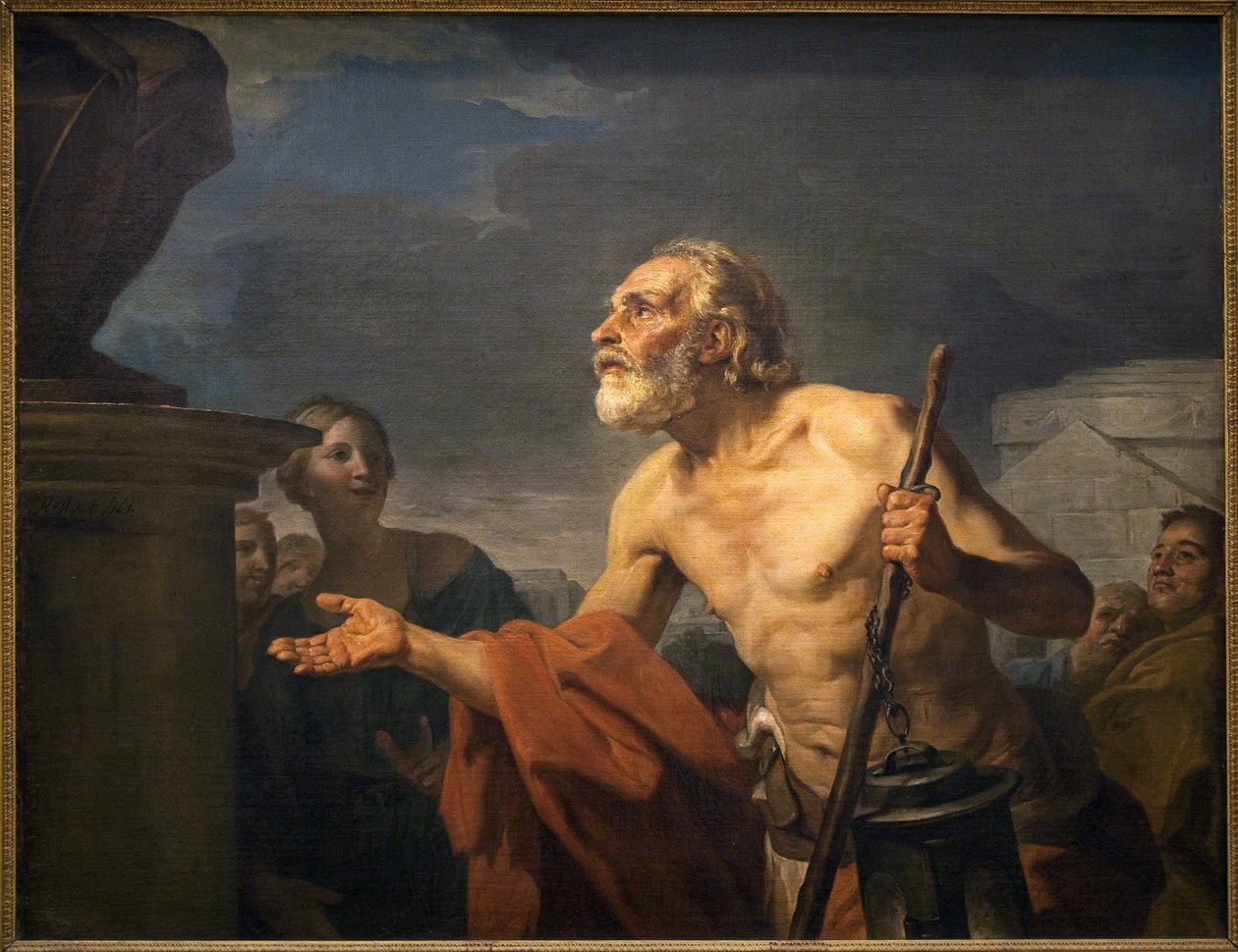 Diogene ber om almone til statuer. (Sinope Diogene kalt kynisk, rundt 413-rundt 327 f.Kr.). Maleri av Jean Bernard Restout (1732-1797), olje på lerret av Jean Bernard Restout