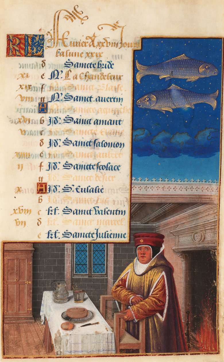 Hours of Louis XII (tidligere Hours of Henry VII), kalenderblad for februar måned, ca. 1490-1510 (tempera på vellum) av Jean Bourdichon