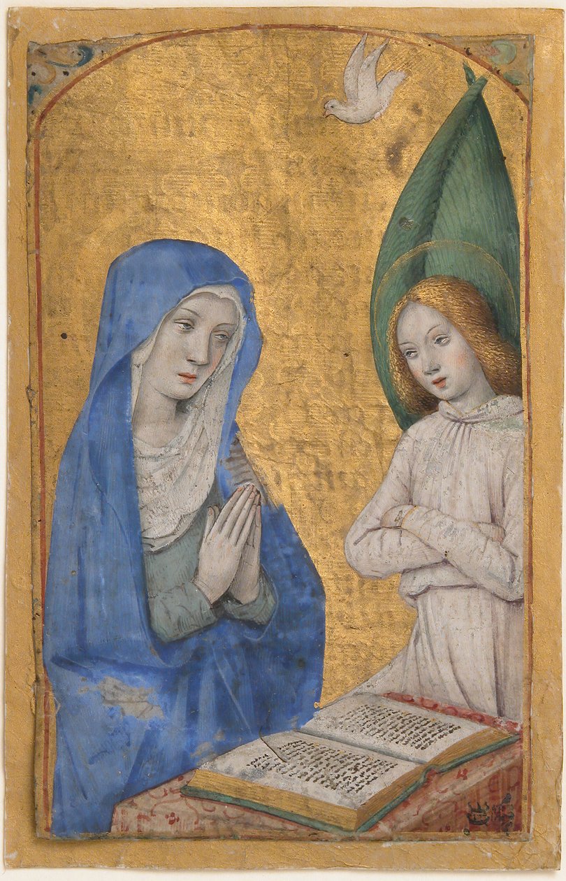 Manuskriptblad med kunngjøringen fra en timebok, fransk, ca. 1485-90. av Jean Bourdichon