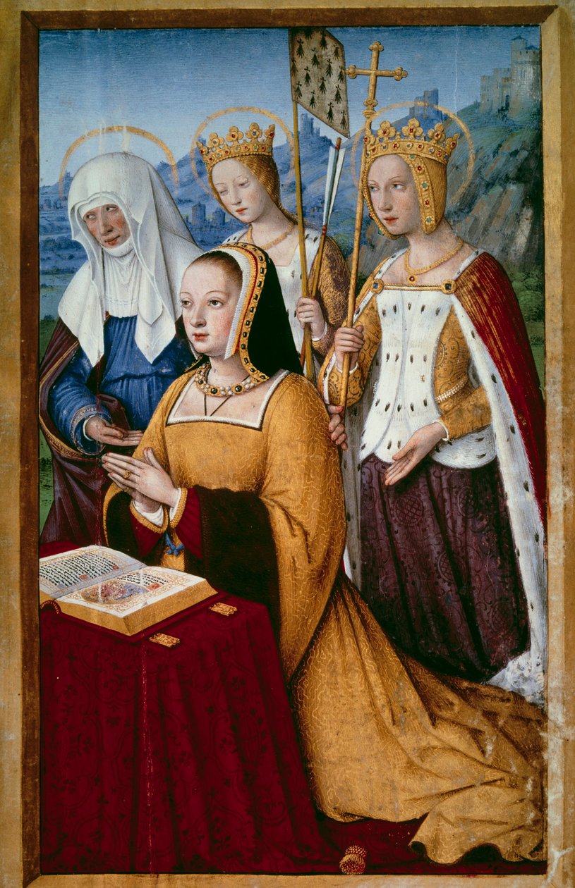 Portrett av Anne av Bretagne (1477-1514), dronning av Frankrike, i bønn med sin hellige skytshelgen Saint Anne, Saint Helene og Saint Ursule Miniature hentet fra "The Great Hours of Anne of Bretagne" av Jean Bourdichon (1457-1521) 1503-1508. Pari av Jean Bourdichon