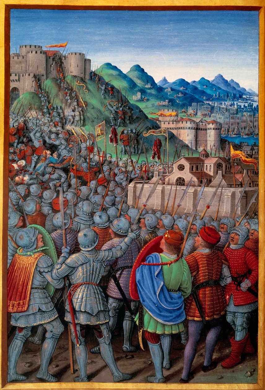 Genois angrep Castellacio de Genes-vakten av franskmennene (12. mars 1507). Miniatyr av Jean Bourdichon (1457? - 1521) i "" Voyage de Genes"" (Folio 20v) skrevet av Jean Marot, v.1508. Paris, NL av Jean Bourdichon