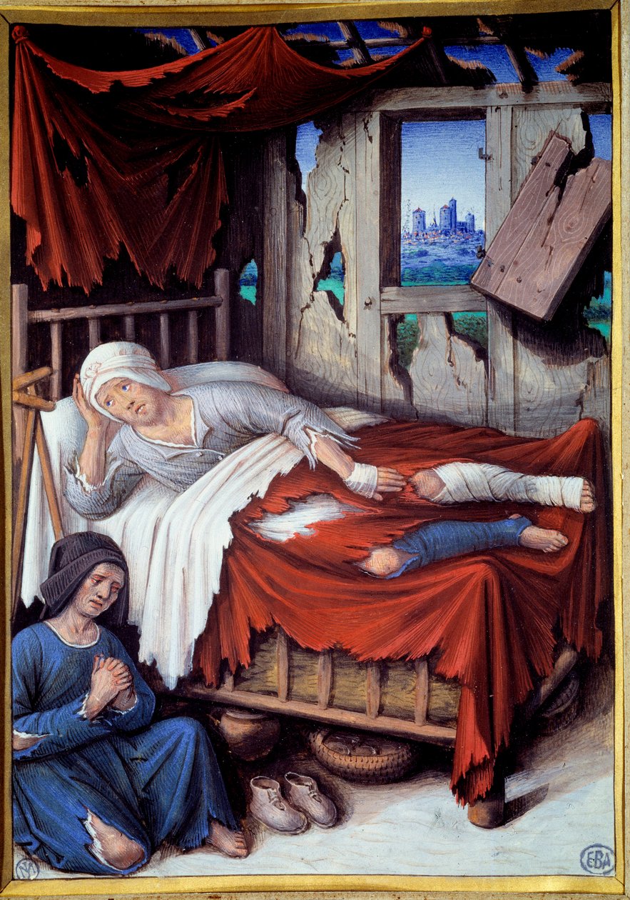 En fattig manns død. En kvinne ved sengen til en døende mann, be. Maleri av Jean Bourdichon (v.1457-1521) av Jean Bourdichon