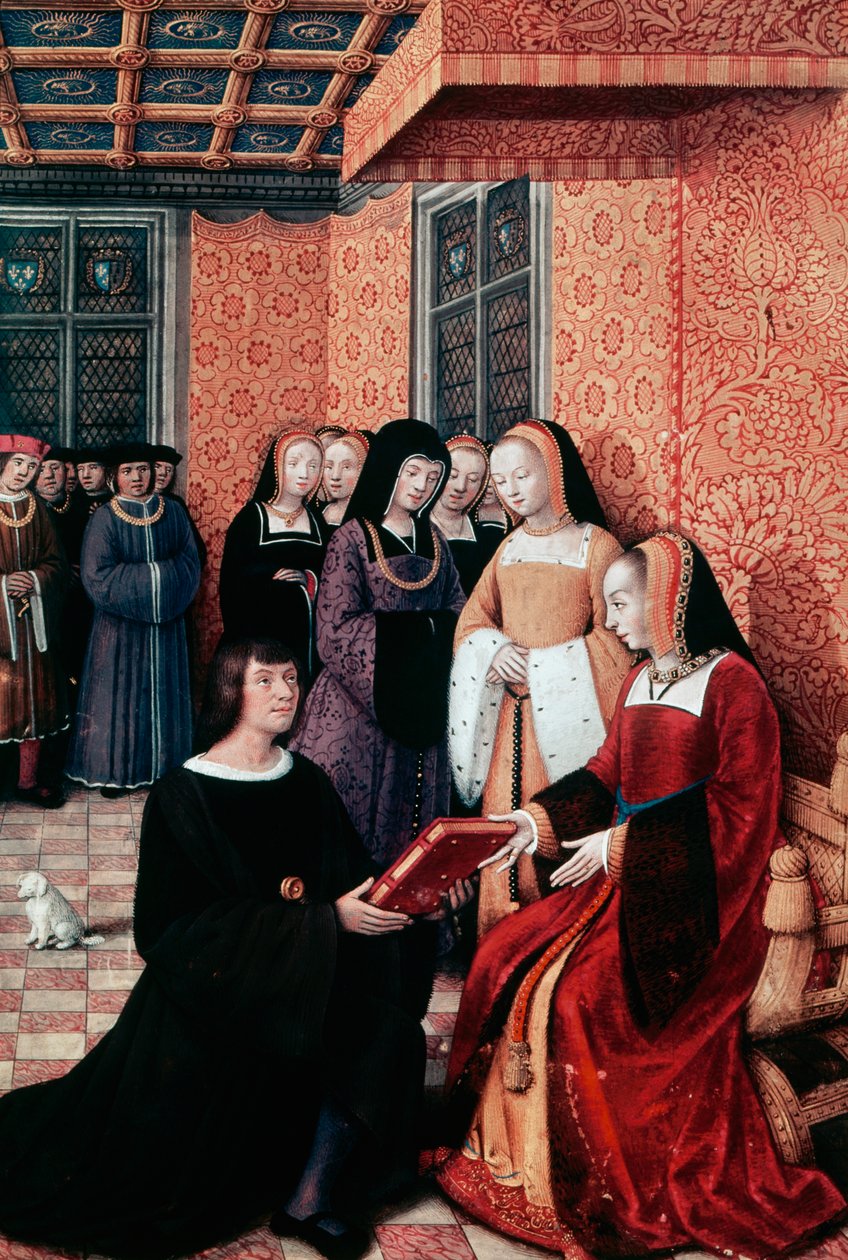 Poeten Jean Marot (1450-1526) overlater verket Voyage to Genoa til Anne av Bretagne (1477-1514), ca 1508, miniatyr av Jean Bourdichon (1457-1521). Frankrike av Jean Bourdichon