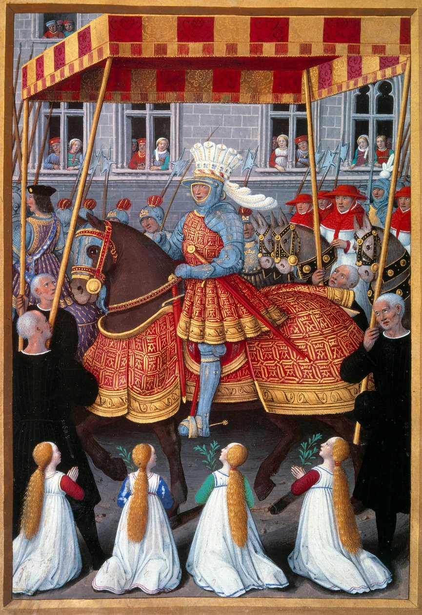 Den triumferende inngangen til kong Ludvig XII (1462-1515) til Genes i april 1507 Miniatyr hentet fra «Le voyage a Genes»» av Jean Marot (1450-1526) belyst av Jean Bourdichon (1457-1521) 1508. Paris, B.N. av Jean Bourdichon