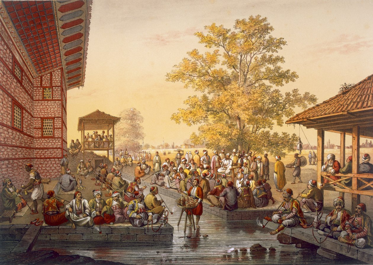 Fritidsscene i Pinarbasi, et nabolag i Bursa. En historieforteller underholder publikum, fra puben Souvenirs de Constaninople. 1845 av Jean Brindesi