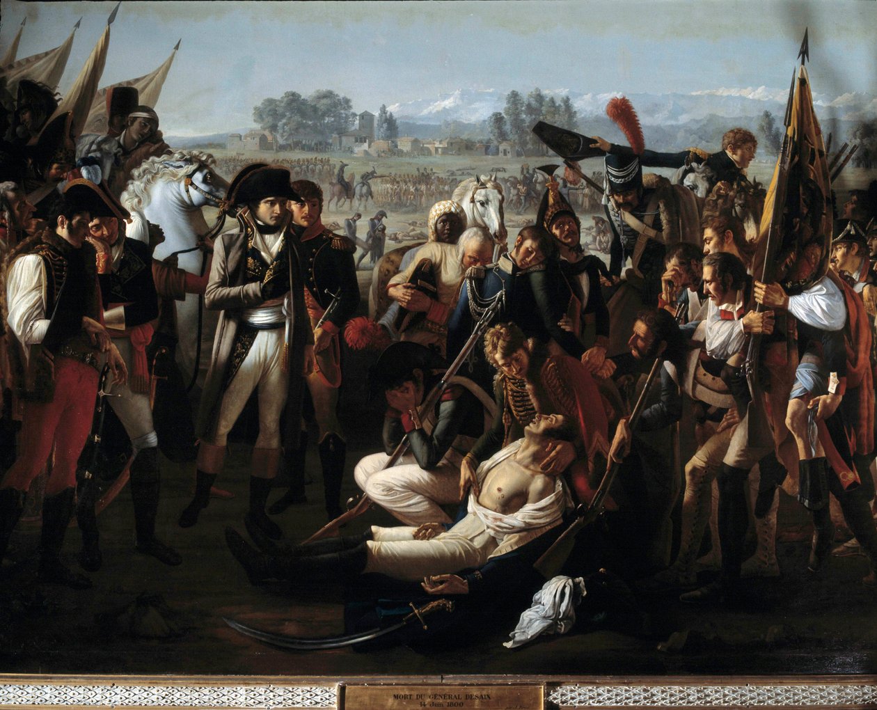 General Charles Antoine Desaix de Veygoux (1768-1800) død i slaget ved Marengo 14.06.1800 under øynene til Napoleon Bonaparte (1769-1821) Detalj. Maleri av Jean Broc (1771-1850) 1800-tallet. Dim. 3,2x4,5 m. av Jean Broc