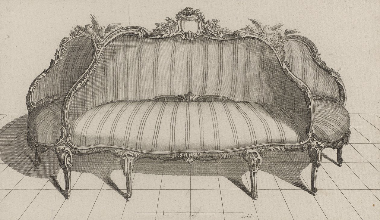 Sofa à Jouë i Pictoresque-stil, utgitt på midten av 1770-tallet (gravering på lagt papir) av Jean Charles (after) Delafosse