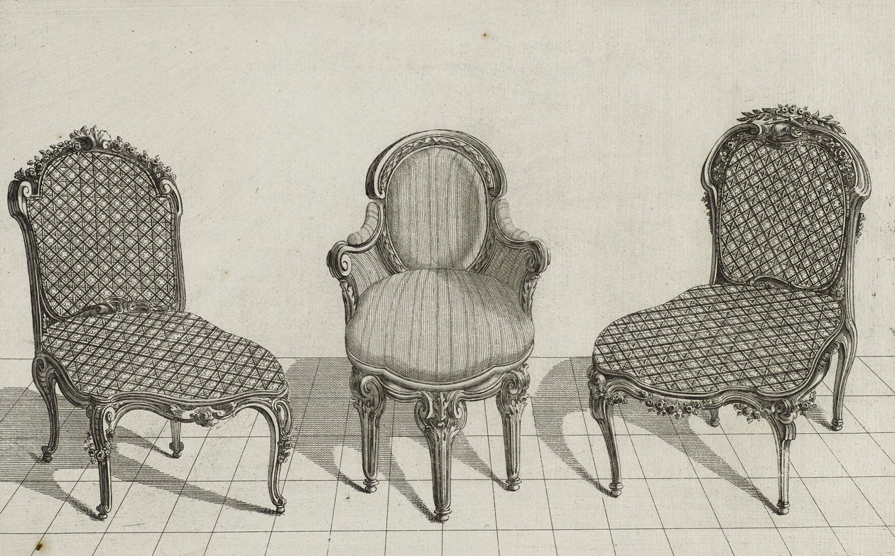Cane Chair, Cabriolet lenestol, Cane Chair, utgitt på midten av 1770-tallet (gravering på lagt papir) av Jean Charles (after) Delafosse