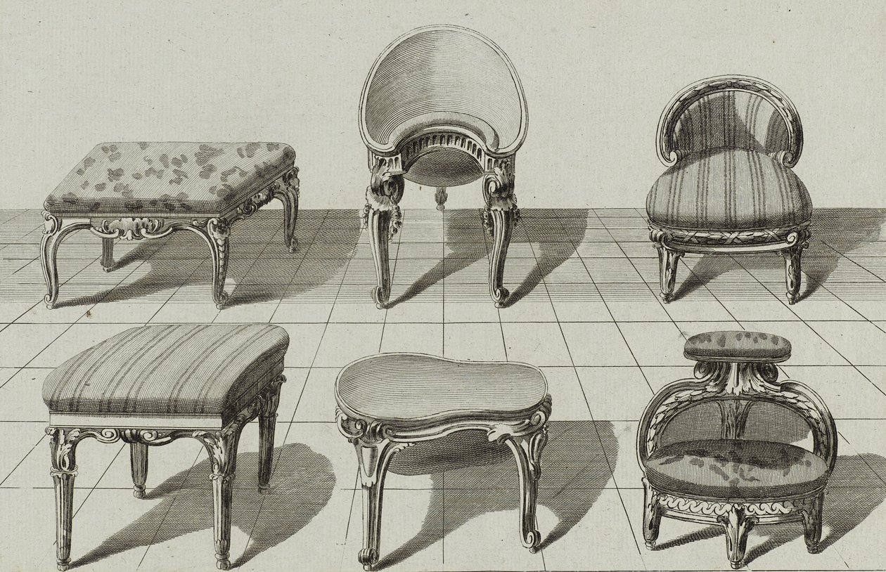 Krakker, toalettbidet, fotskammel, publisert på midten av 1770-tallet (gravering på lagt papir) av Jean Charles (after) Delafosse