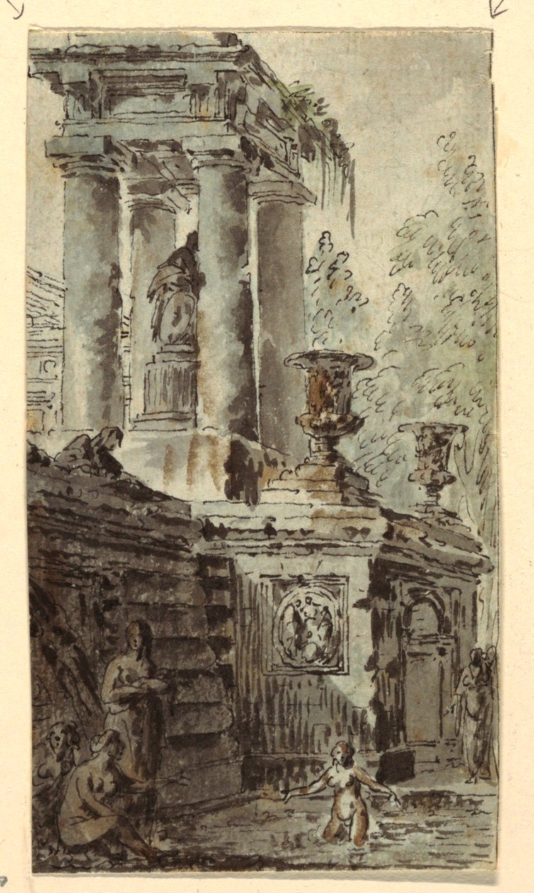Arkitektonisk fantasi med figurer som bader av Jean Charles Delafosse