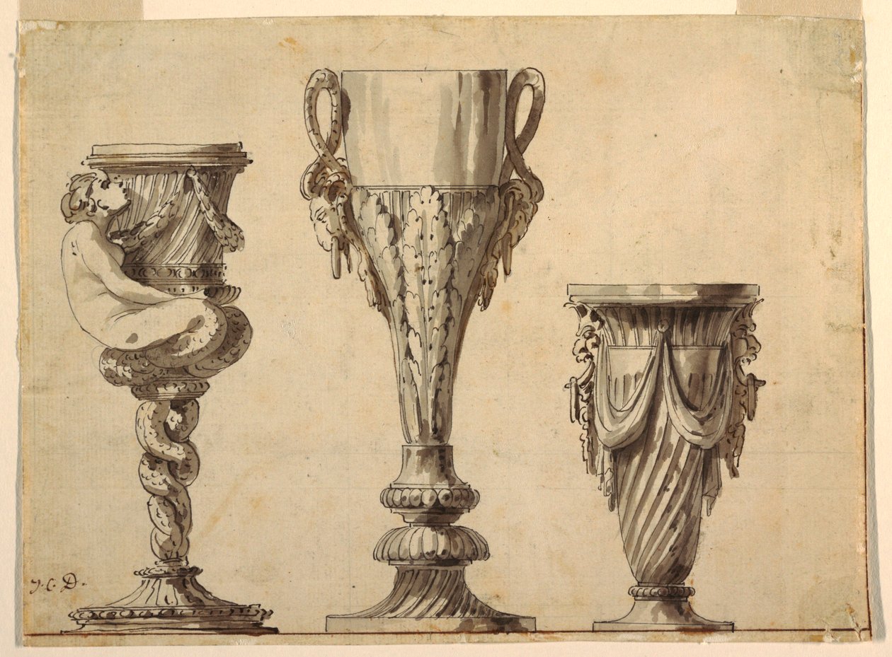 Design for en lysestake, kopp og vase av Jean Charles Delafosse