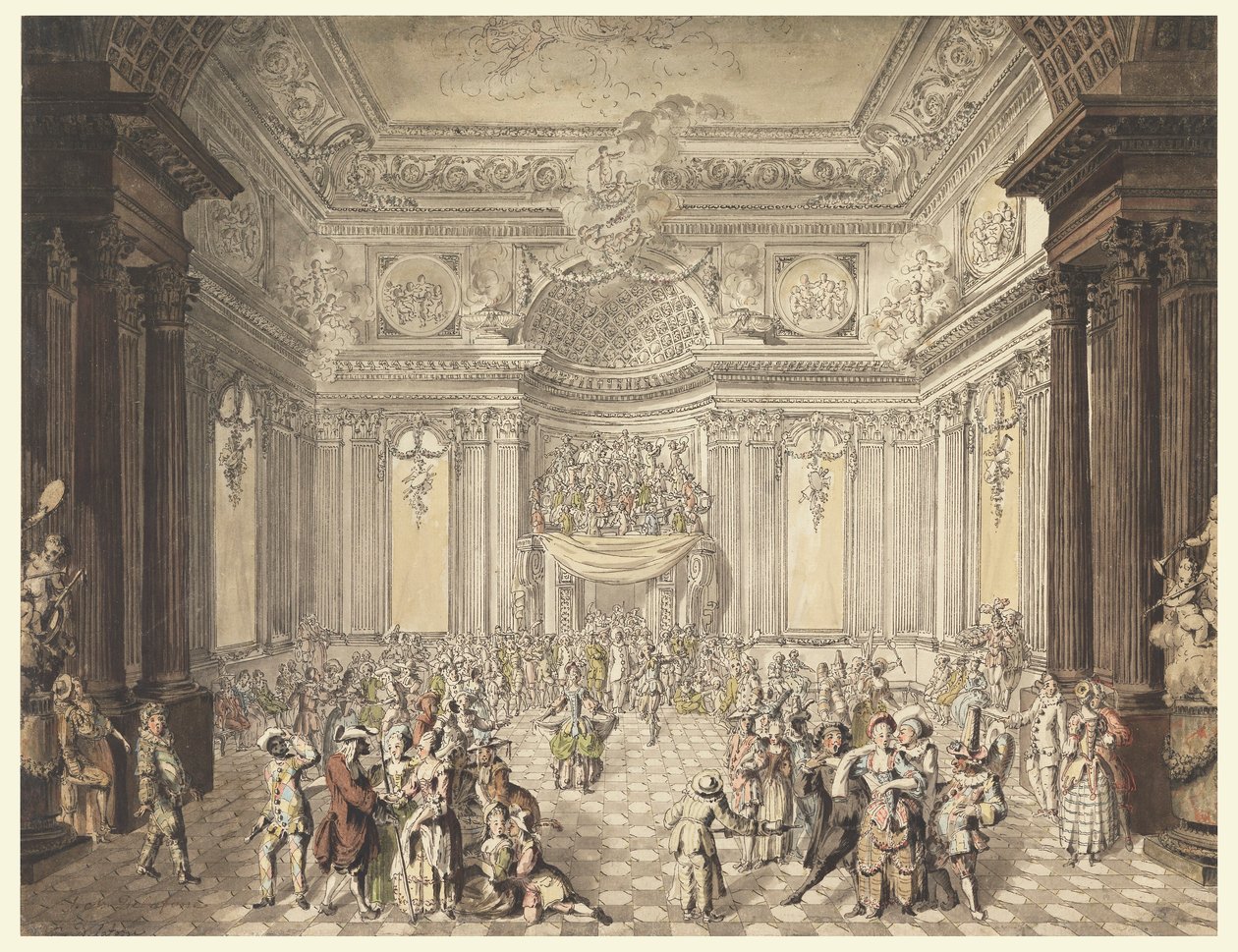 Tegning, utsikt over maskeradeballet, 1770–80 av Jean Charles Delafosse