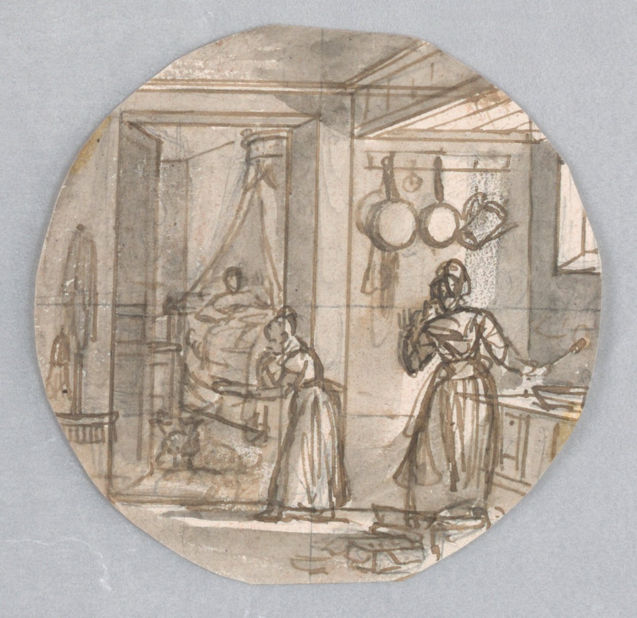 Design for en malt porselensplate, kjøkkenscene med soverom bak, muligens for Service des Objets de Dessert (Dessertservice) av Jean Charles Develly